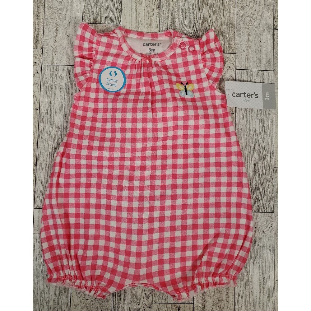 Carters Romper Girls 3 months Butterfly Frogs Chambray Pink Gingham NEW